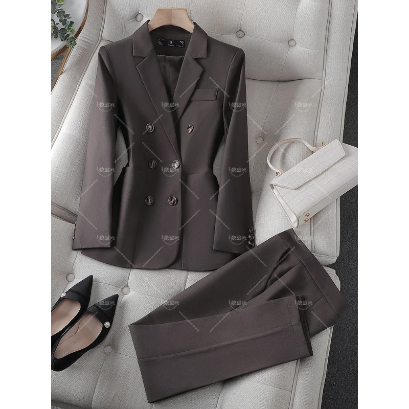 Fashion Ladies Pant Suit Women Business Work Wear Blazer And Trouser Black Khaki Brown Beige Formal 2 Piece Set With Pocket