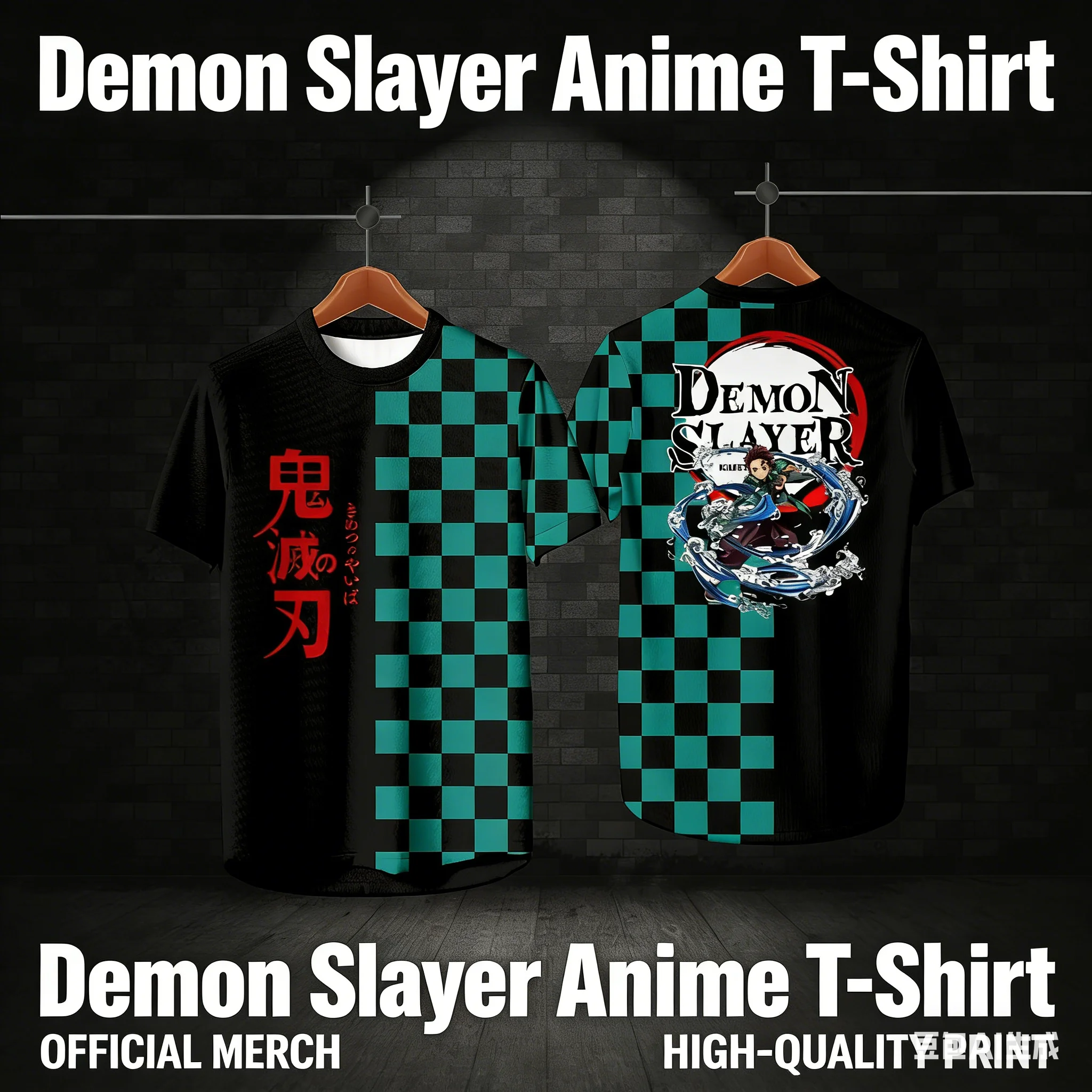 Neues Herren Demon Slayer T-Shirt Tanjiro Kamado Schachbrettmuster 3D-Druck Rundhals-Shirt Stylische Freizeitkleidung für Anime-Fans