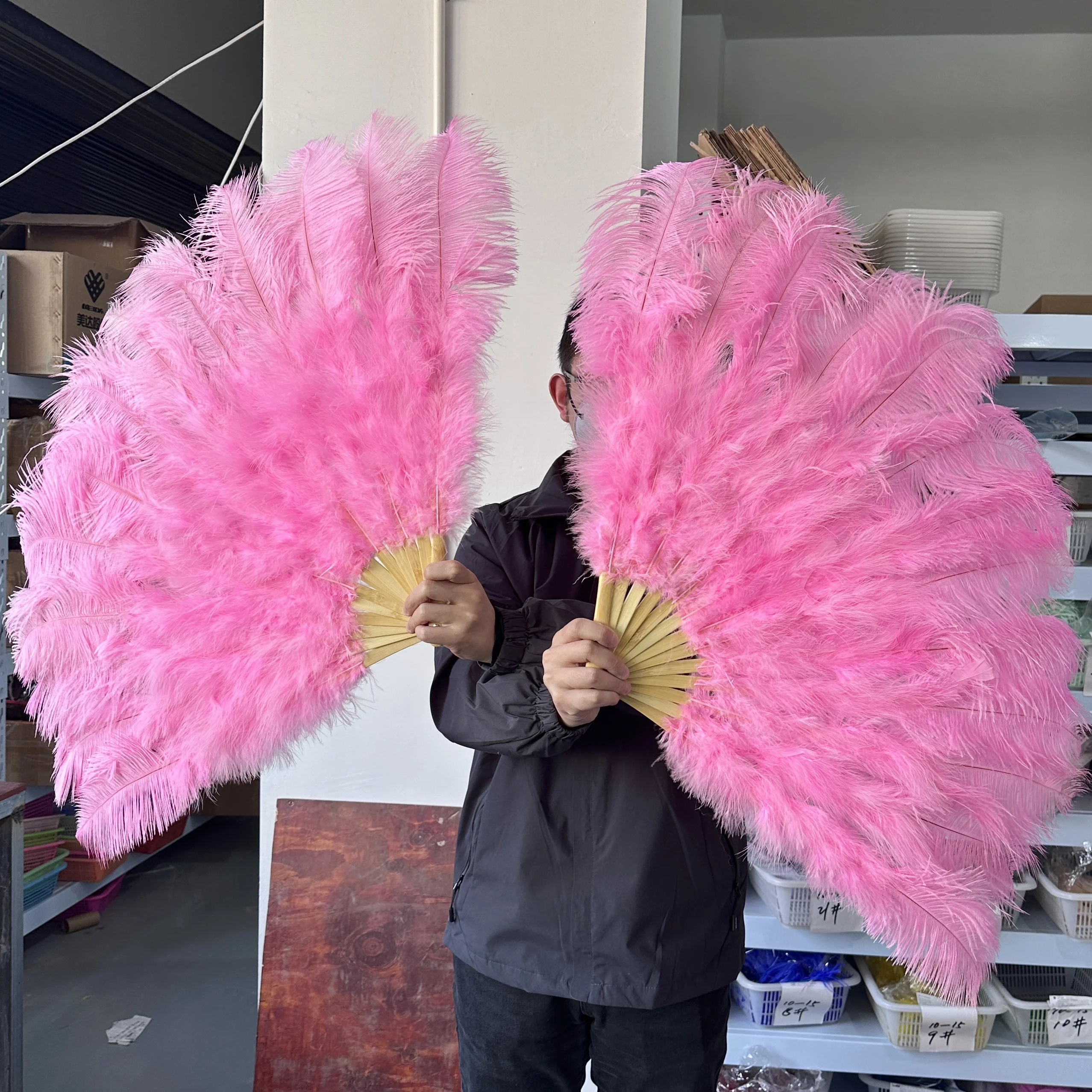 

13Bone Pink Ostrich Feather Fan 100cm For Party Burlesque Dance Showgirl Costume Boudoir Photoshoots Halloween Accessories