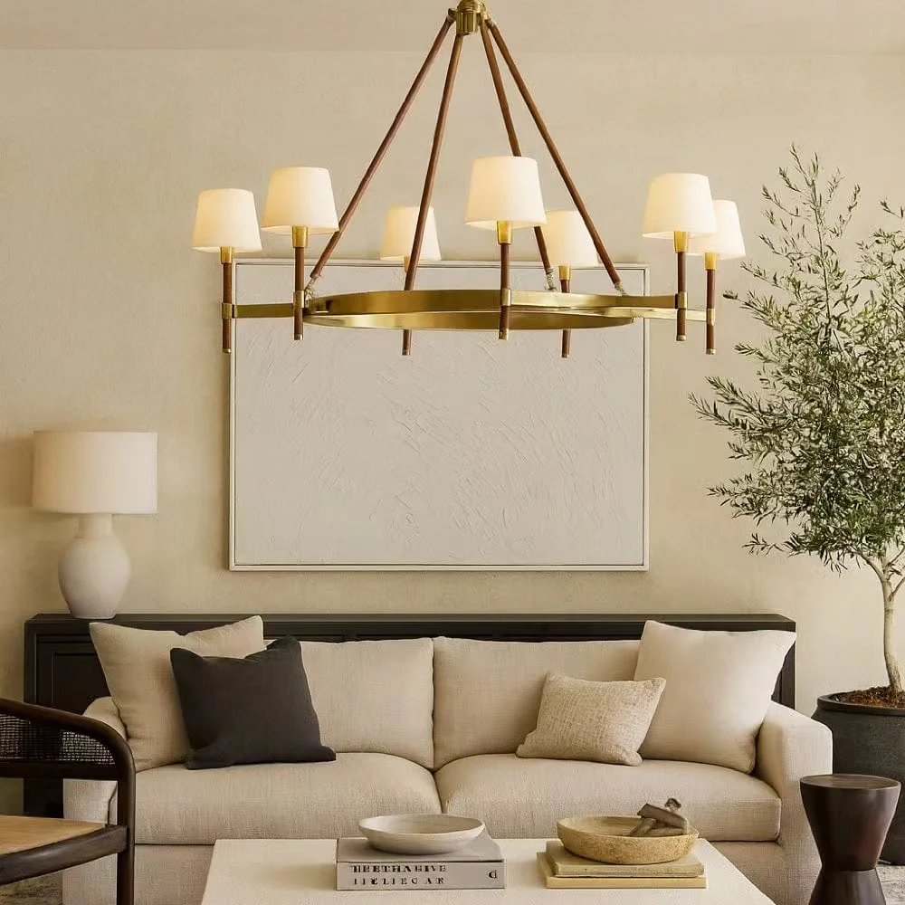 Lampadario con paralume in tessuto di lusso americano con lampada da parete singola coordinata Lustro dimmerabile con finitura in ferro, ottone e nichel