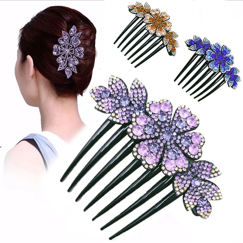 Vintage Flower Crystal Hairclips Fashion Hair Maker Bun Hair Combs Plastic Hairpins Anti-slip Elegant Women Hair Accessories DIY