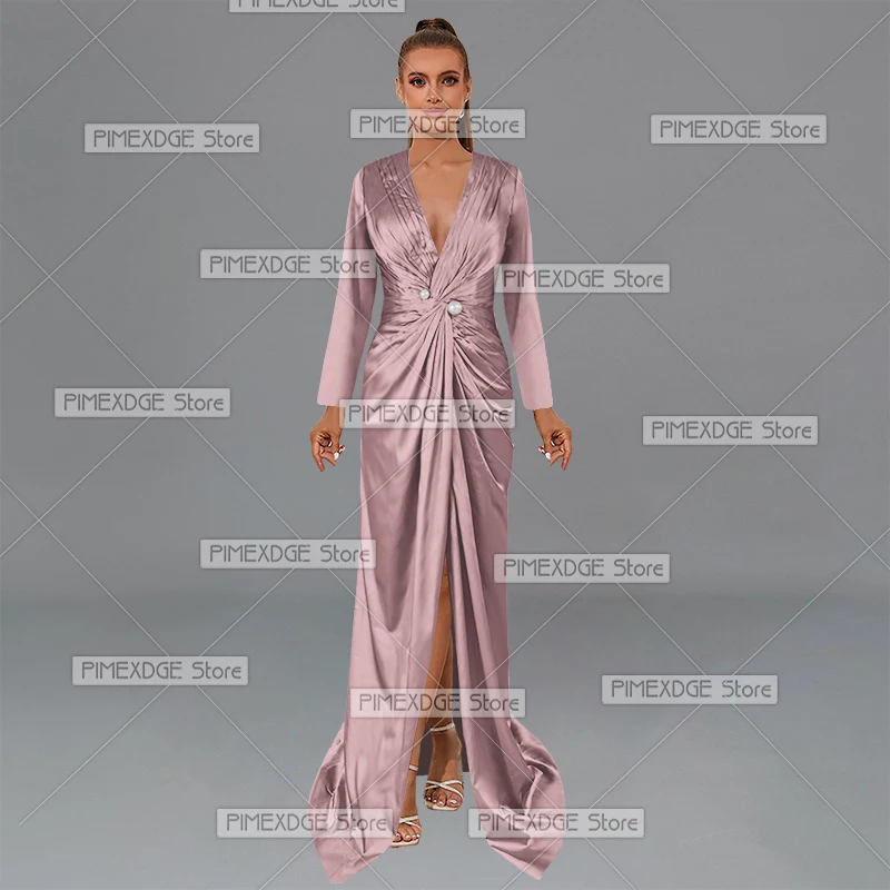 V-neck Long Sleeve Floor-Length Dresses for Party Vacation Ball Cocktail Party Formal Evening Gowns