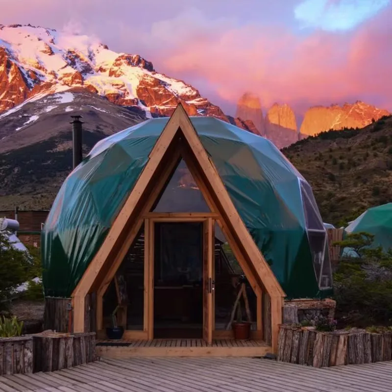 Geodesic Glamping Dome Tent with Triangular Wooden Door Outdoor Dome Tent for Boutique Resorts and Nature Retreats Customized