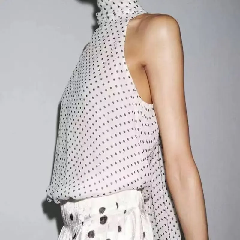 Spring Summer New Fashionable Versatile Polka Dot Neck Hanging Straight Tube Top Women's T-shirt Polyester Short Sleeve