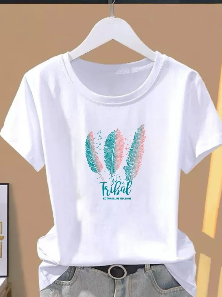 

Retro Korean Cartoon Feather Print Short Sleeve T-Shirt Women's Summer round Neck Loose Slimming Fashionable Mom's Top