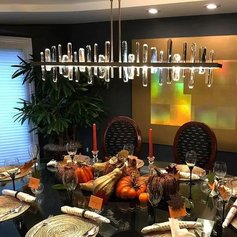

Nordic Crystal Long Lamp Iron Gold Black Silver Lustre 3 Color Dimmable Lighting for Living Dining Room Ceilings