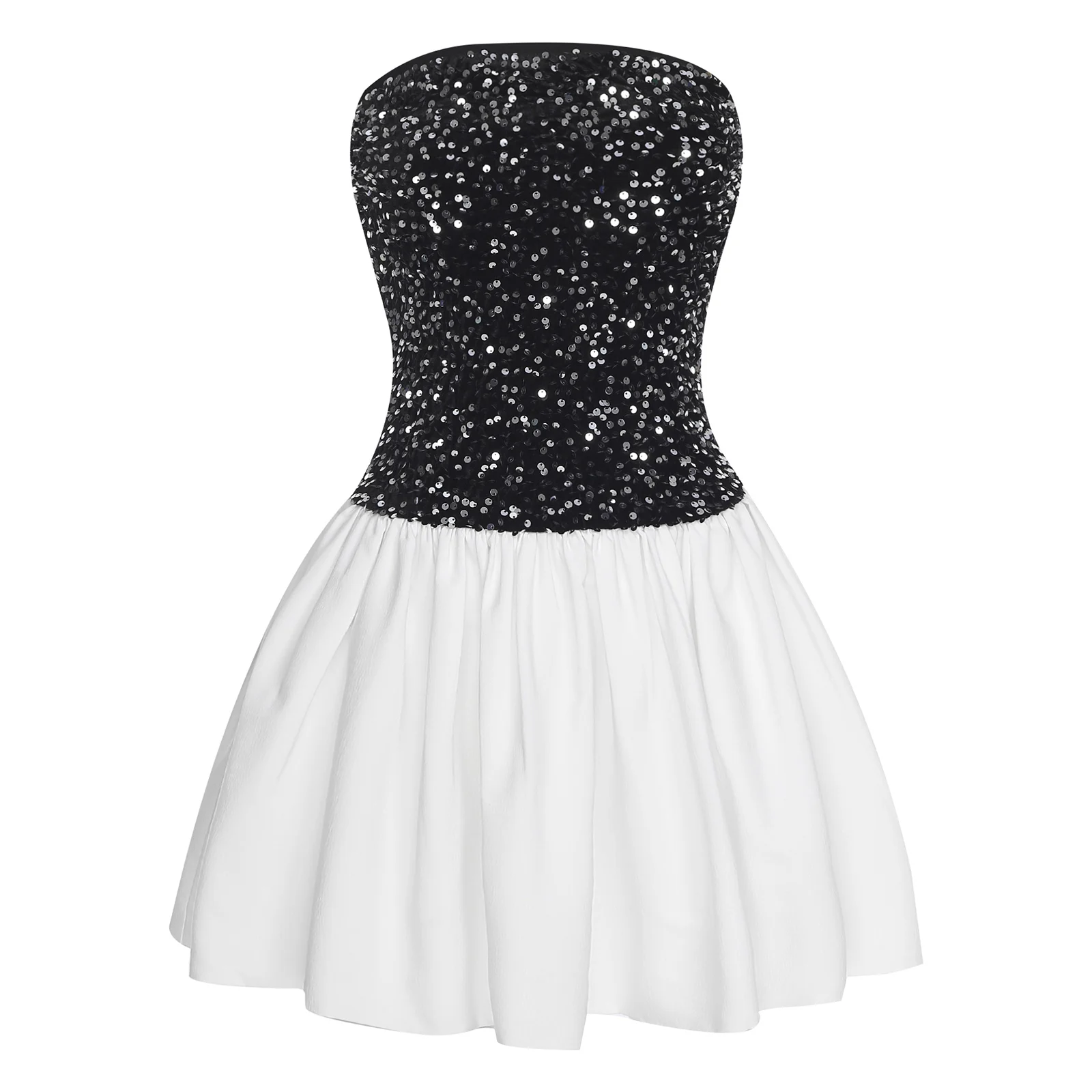 Womens Cocktail Mini Prom Dress Pleated Strapless Birthday Party Dress Girls Club Outfits Shiny Sequined A-line Hem Mini Dress