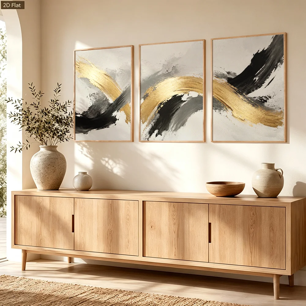 3Pcs Black Gold Brush Stroke Abstract Canvas Poster Wall Art,2D Print Wall Decor,Art Home Decoration For Living Room Bedroom