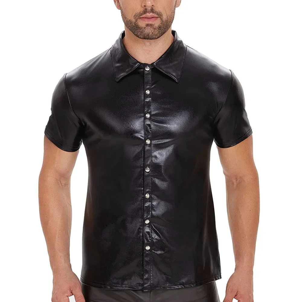 Men's Shiny Leather Shirts Short Sleeve Soft Shaping Tops Dance Club Costumes Sexy Turn-down Collar Casual Single Breasted Tees