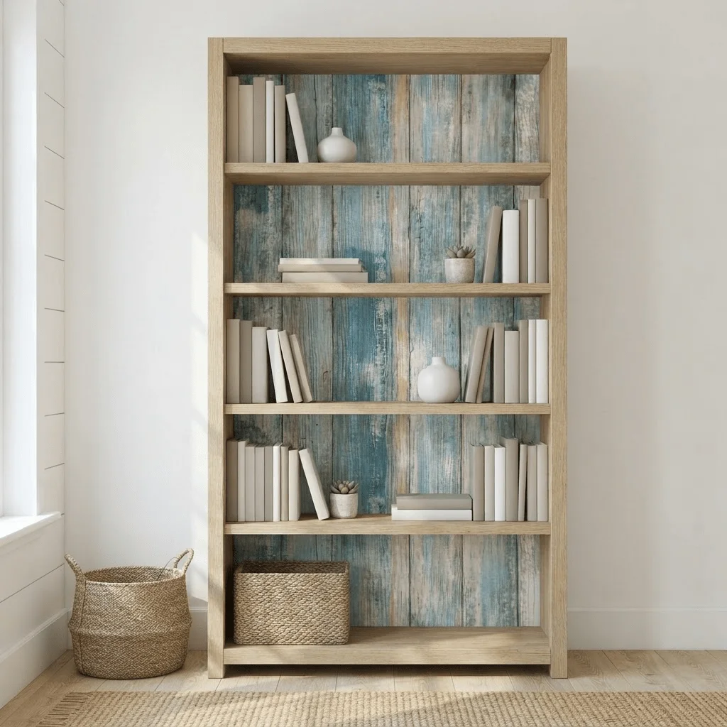 Coastal Blue White Weathered Wood Peel & Stick Wallpaper, Waterproof Contact Paper for Cabinet Furniture Refurb Decor