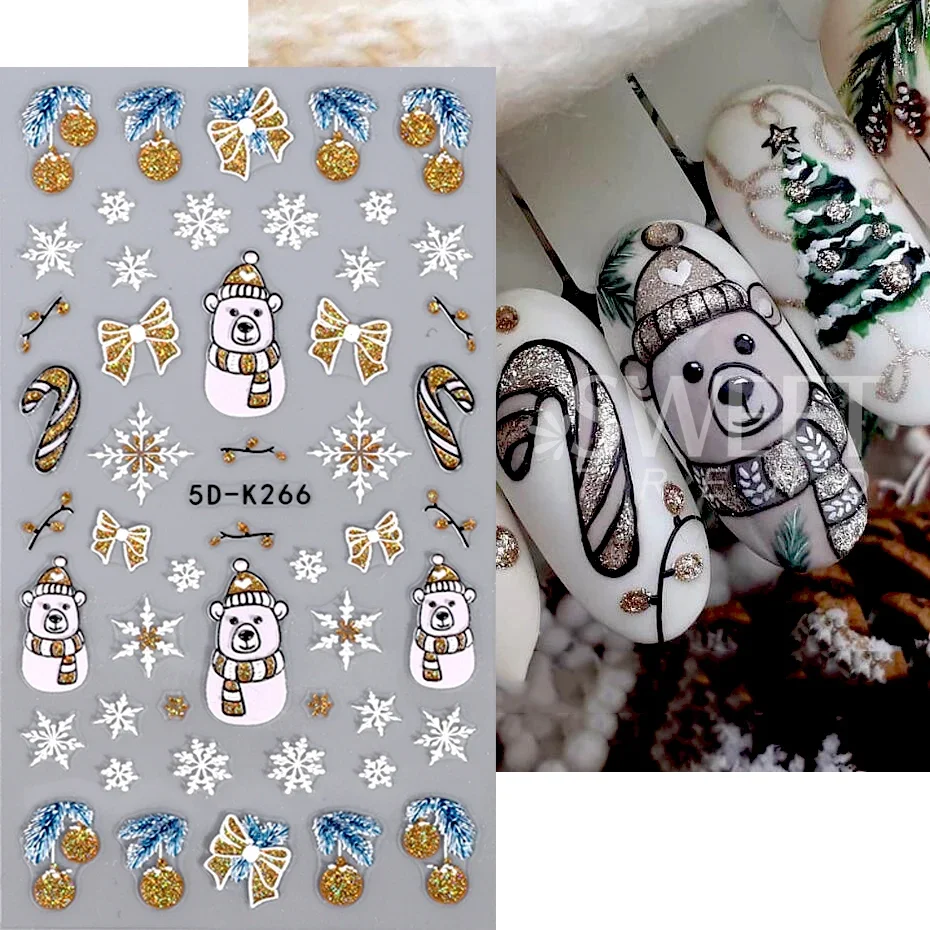 Christmas Nail Sticker 5D Gold Glitter Snowflake Elk Penguin Bells Design Adhesive Nail Slider Decals Winter Manicure Decoration