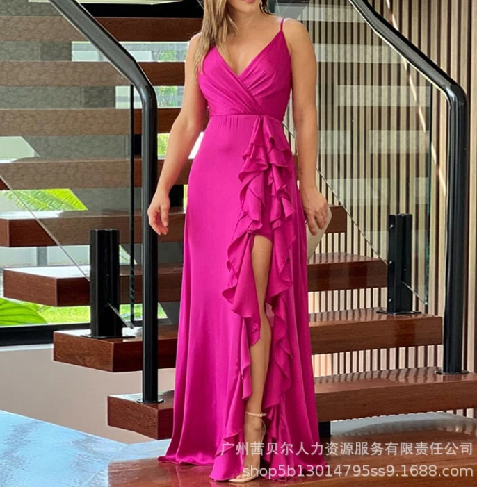 

Party Fashion Summer Dresses 2024 Elegant Women's Sexy Rose Red Irregular Ruffled Edge Suspender with Side Slit Long Skirt