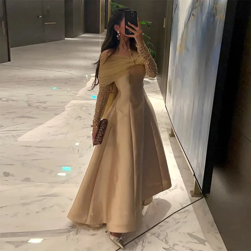 Luxury Mint Green Crystal Dubai Evening Dresses Off The Shoulder Long Sleeve Bow Back Muslim Prom Formal Gowns 2024 Feast