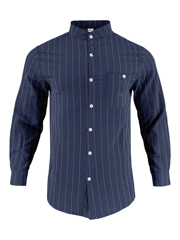 Spring Autumn Casual Men's Linen Shirts Striped Print Long Sleeve Buttoned Stand Collar Shirt Men Leisure Breathable Linen Tops