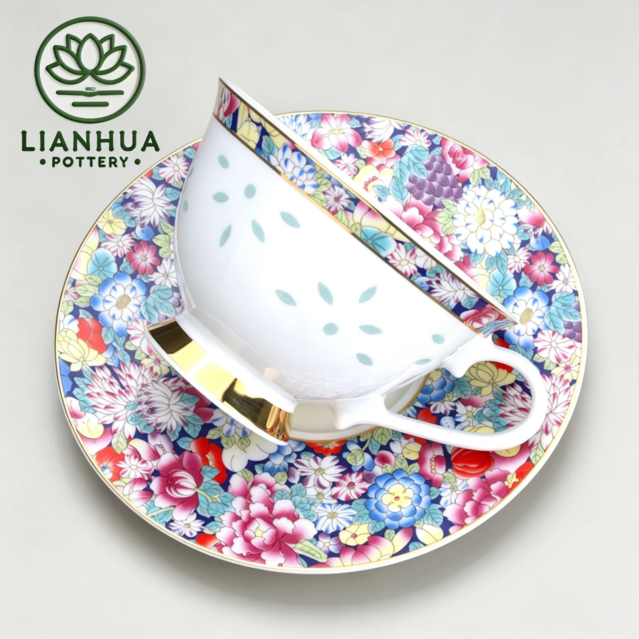 LIANHUA POTTERY Linglong Porcelain Tea Coffee Cup & Saucer Set 170ml Gold Spoon Handcrafted Millefleurs Afternoon Tea Gift