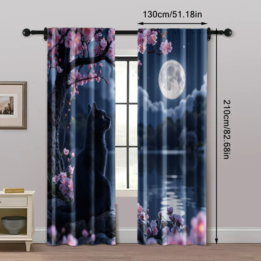 

2pcs, Curtains Cherry Blossom Black Cat Machine Washable Polyester (without rod) Thermal Insulation, and Room Darkening