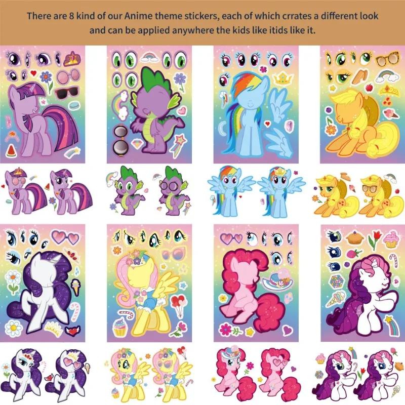 8Sheets My Little Pony Anime Stickers Make-a-Face Assemble Funny DIY Decal Assemble Jigsaw Children Girl Birthday Gift