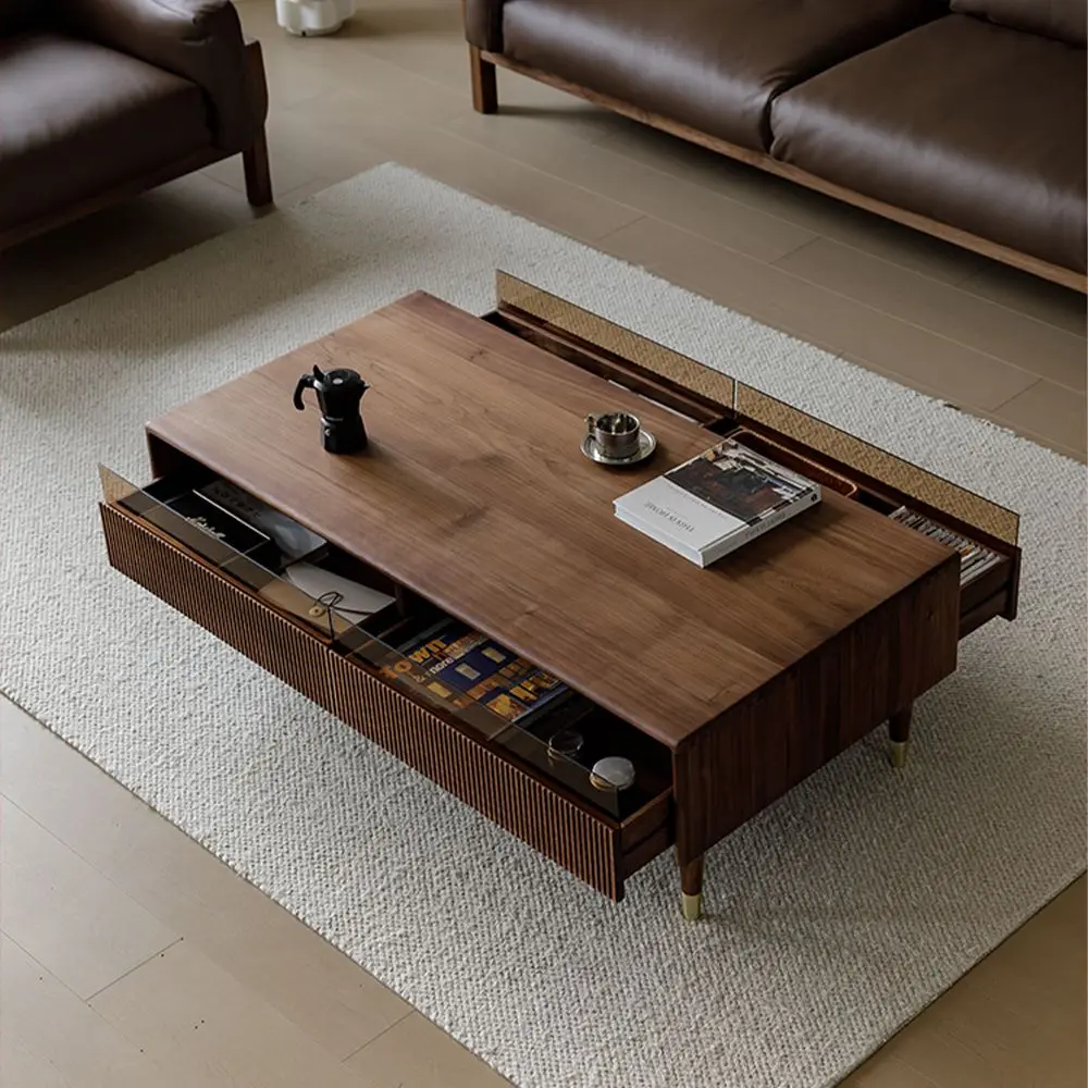 Hot Sales AJUNION Mid-Century Modern Coffee Table Fluted Design Wooden Coffee Table Living Room Furniture Center Table With Draw