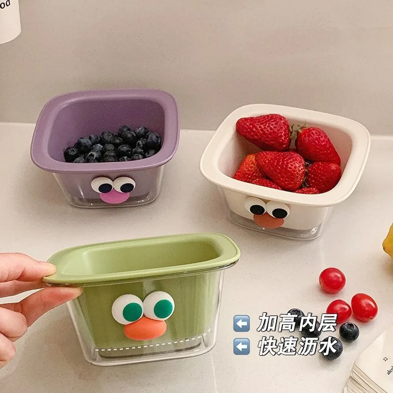 1PC Double Fruit Drain Basket Cute Cartoon High Appearance Level Fruit Tray Household Drain Dish Small Wash Fruit Basket