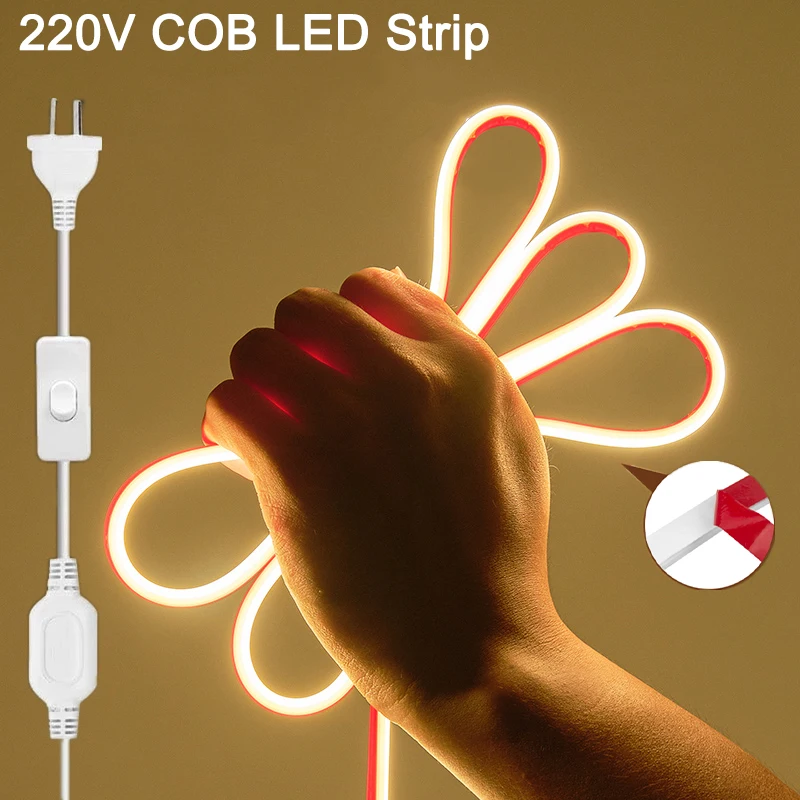 

1-50M 220V COB Led Neon Strip Self-adhesive with EU AU Switch plug Waterproof COB Led Ribbon Tape For Home Garden Lighting
