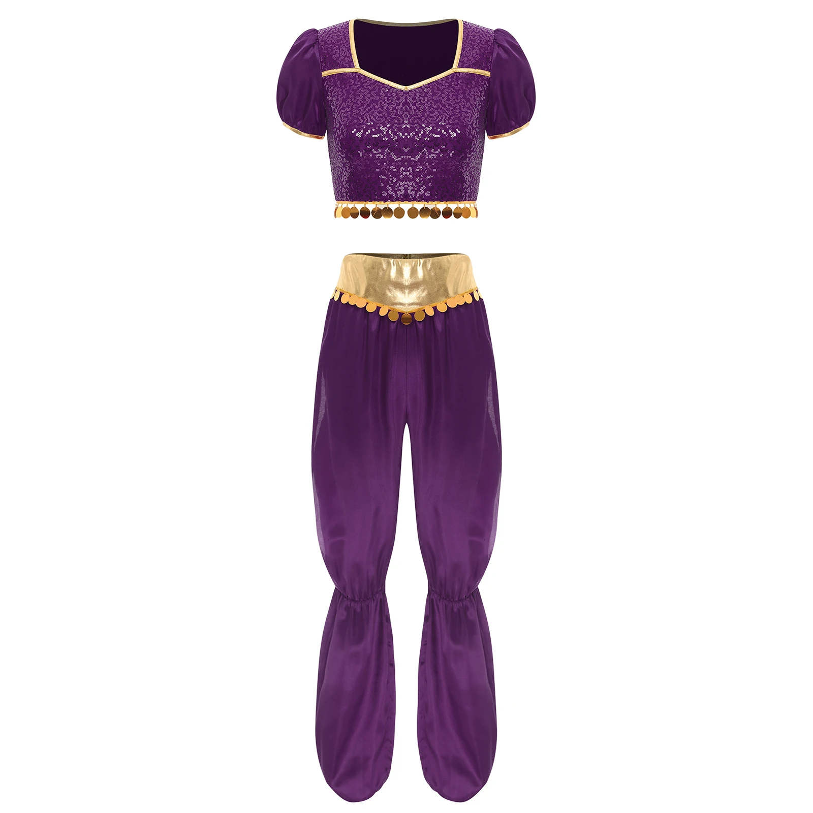 Women Arabian Arab Princess Costume Belly Dance Outfit Cosplay Halloween Party Sequins Top + Pants for Dance Performance Suit