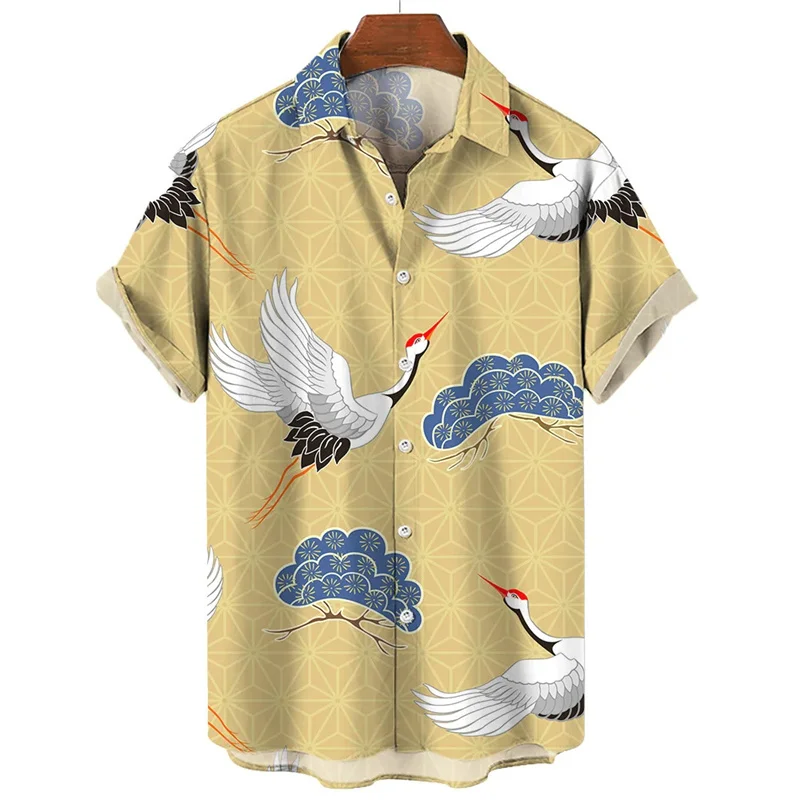 Retro Animal Hawaiian Shirt Men 3d Crane Print Short Sleeved Loose Casual Oversized Shirts Street Harajuku Tops Button Blouse