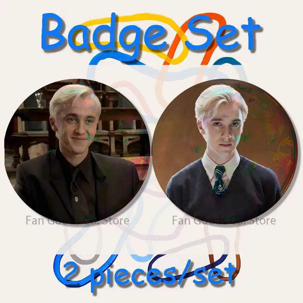 D-Draco Malfoy Tom F-Felton 2-teiliges Set Anstecknadeln für Rucksack, Kleidung, Schmuck, Accessoires, runde Brosche, Button-Abzeichen, Fans-Kollektion, Geschenk – Detail 10
