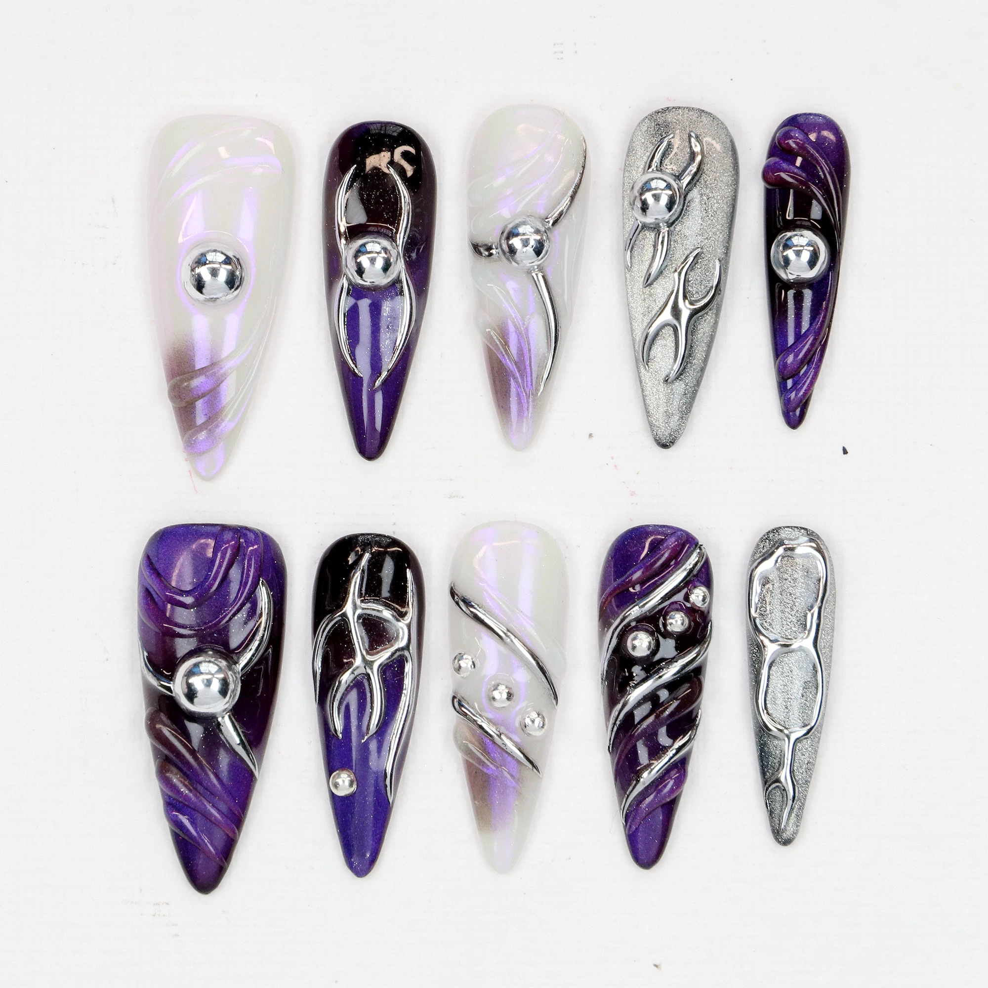

10 шт., готические длинные шпильки Y2K, пресс для ногтей, темный гламур, роскошные пользовательские 3D металлические серебряные и голографические акценты для дизайна ногтей