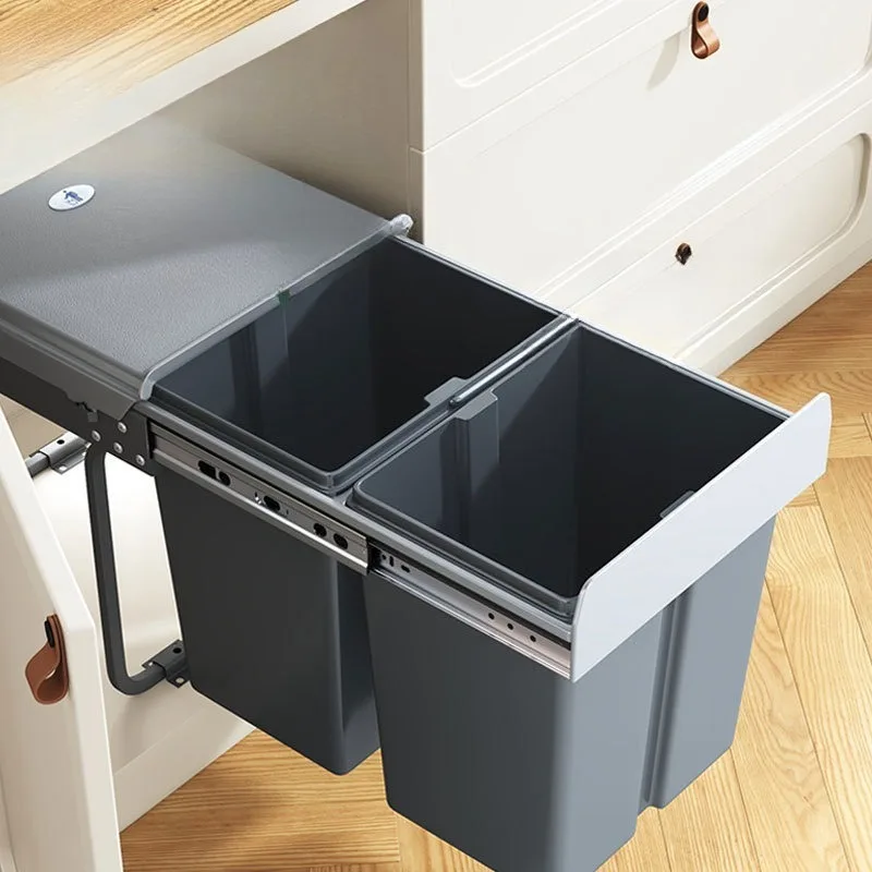 

Built-in Pull Out Kitchen Trash Can Cabinet Hidden with Lid, 2-in-1 Slide Out Waste Bin Recycling Sorter for Under Sink Home