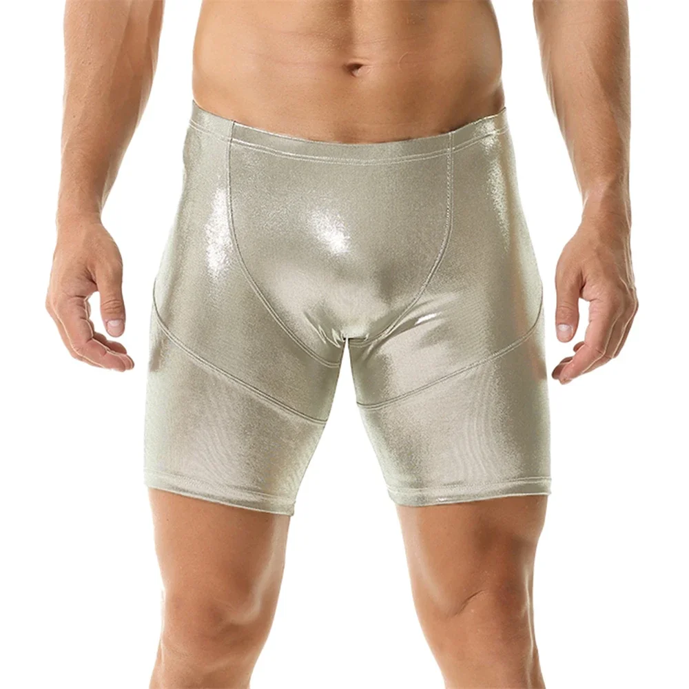 Men's Sexy Metallic Shiny Underwear Boxers Panties Man Comfatable U Convex Pouch Long Leg Underpants Solid Color Boxers Shorts