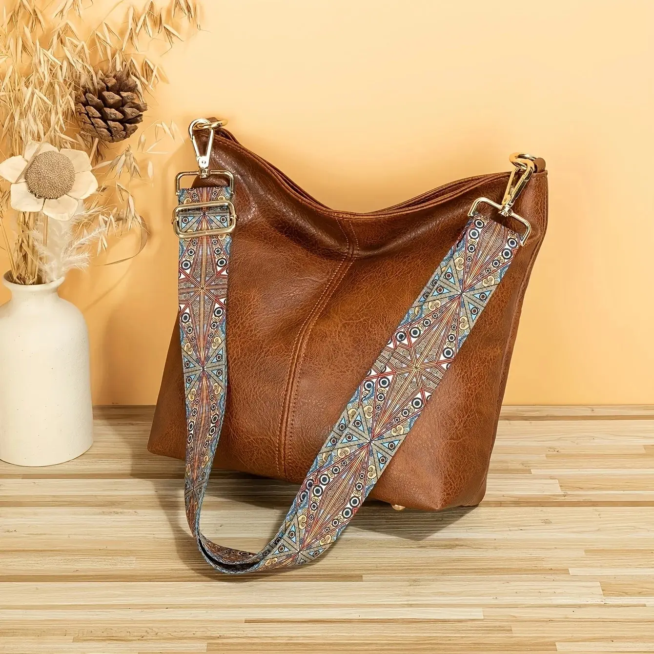 Retro Style Bucket Crossbody Bag, Boho Style Shoulder Bag, Faux Leather Purse With Ethnic Strap