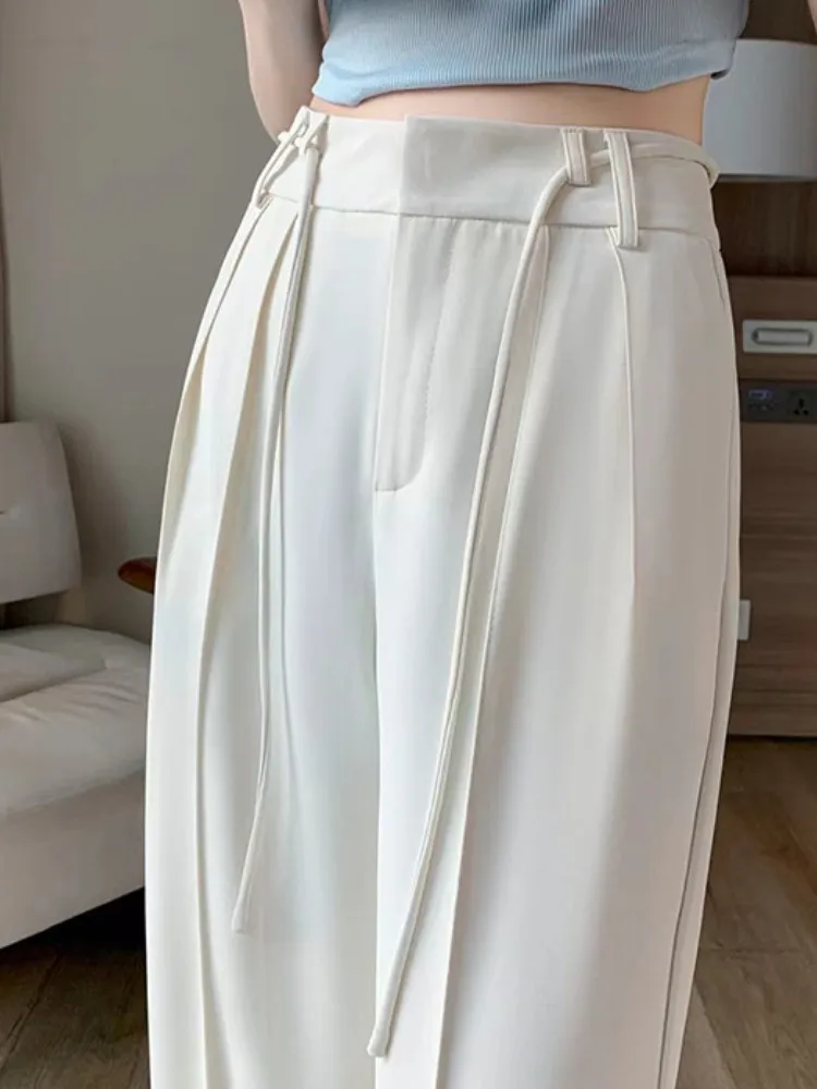 

Spring Summer White Suit Wide Leg Women's Full Pants Sashes 2023 New Female High Waist Office Lady Casual Loose Trousers