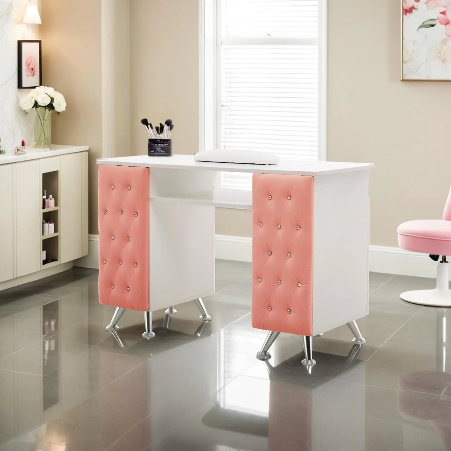 Manicure Table with Drawers, Acetone Resistant Nail Desk, Spa Salon Storage Equipment 2671 (White&Pink)