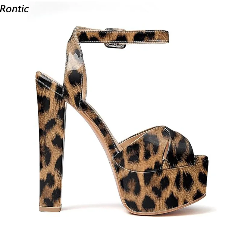 

Rontic/женские сандалии ручной работы на платформе с ремешком на щиколотке, на массивном высоком каблуке с круглым носком, красивая леопардовая обувь для вечеринок, женские размеры США 5-20