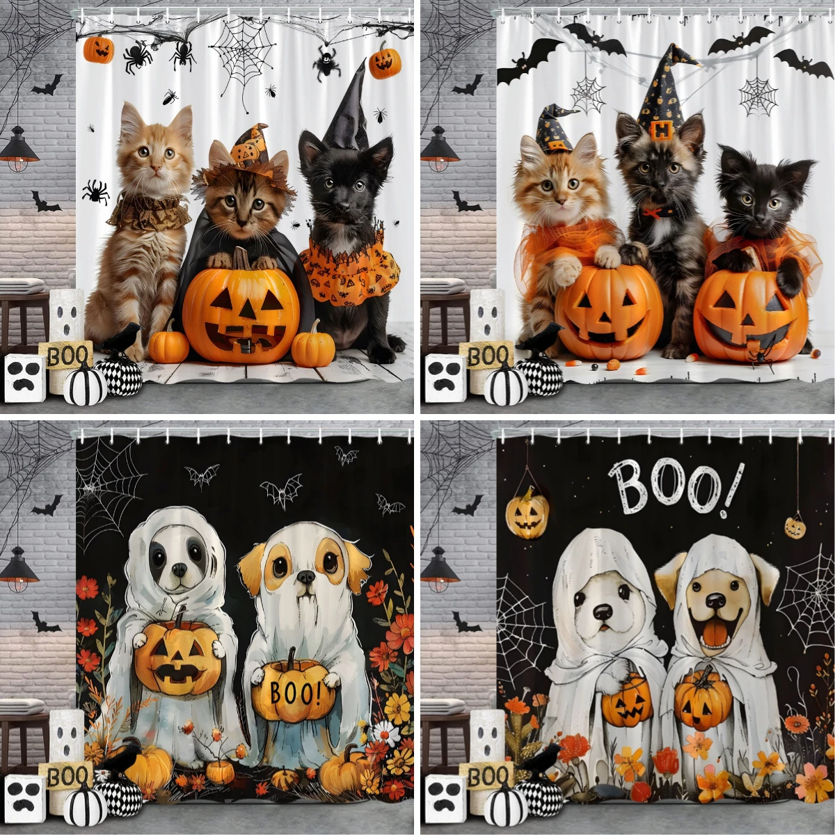 

Funny Cat Halloween Shower Curtain Pumpkin Spider Funny Animal Holiday Gift Polyester Shower Curtains Bathroom Decor with Hooks