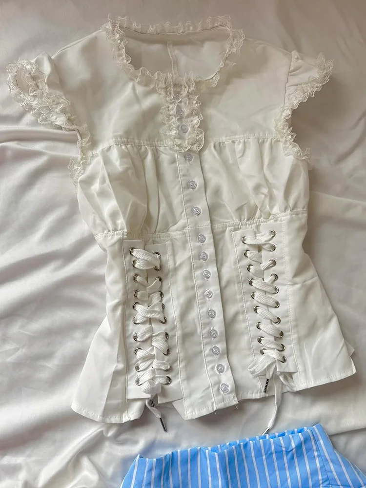 

Original Retro Summer Beautiful White Svel Lace Top Ele Faionable New Sle Women's Commute Sle Slim Fit irt
