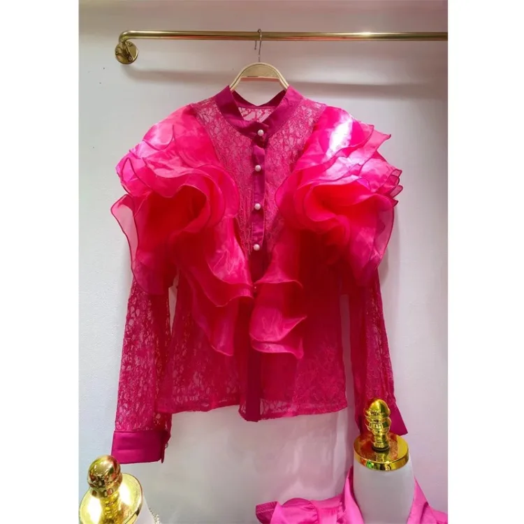 

Vintage Lace Patchwork Ruffles Blusas De Mujer 2025 Summer New Shirt Women Y2k Long Sleeve Hollow Out Mesh Blouses