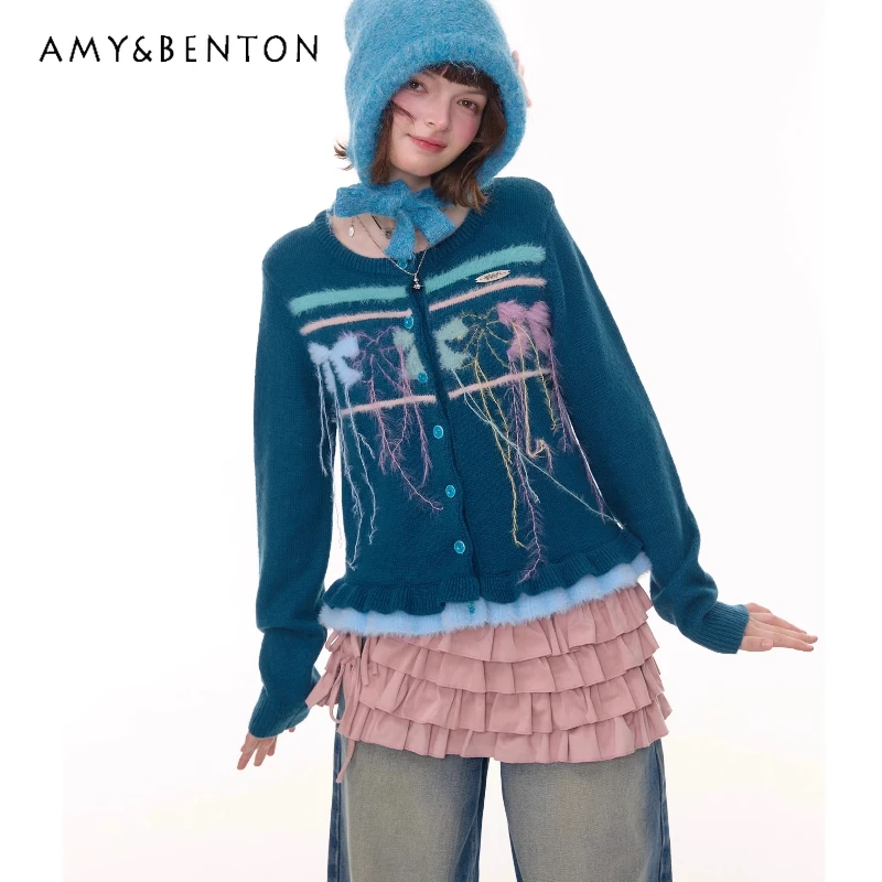 

American Retro Design Bow Women's Sweaters Coat 2025 Autumn Winter New Sweet Cool Cute Versatile Warm Sweater Cardigan Ladies