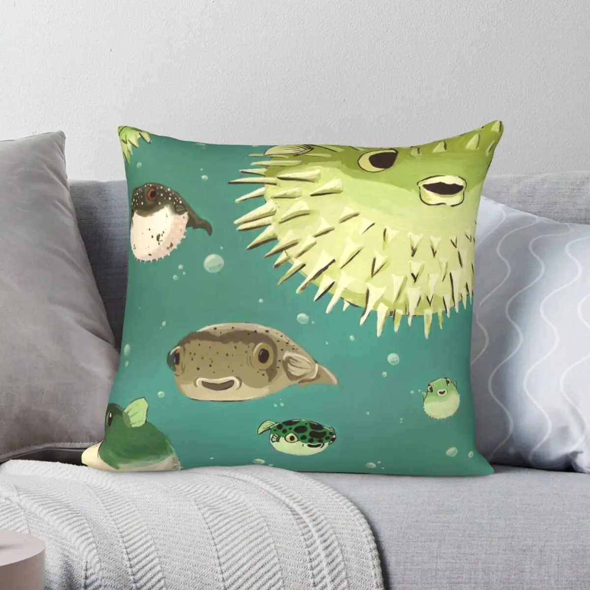 The Blowfish Recumbent Pillowcase Polyester Linen Velvet Pattern Zip Decor Pillow Case Car Cushion Case 45x45