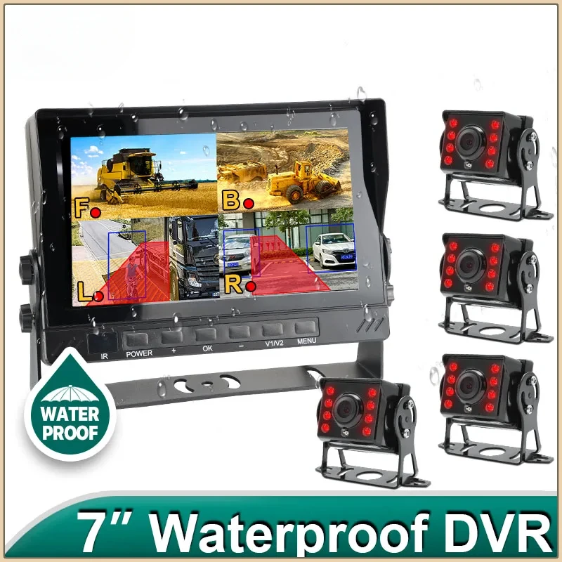 7 Inch Truck Monitor IPS Screen with 4 Channel Camera Blind Spot Radar Alarm IP66 Waterproof DVR AHD720P Backup IR Camera BSD