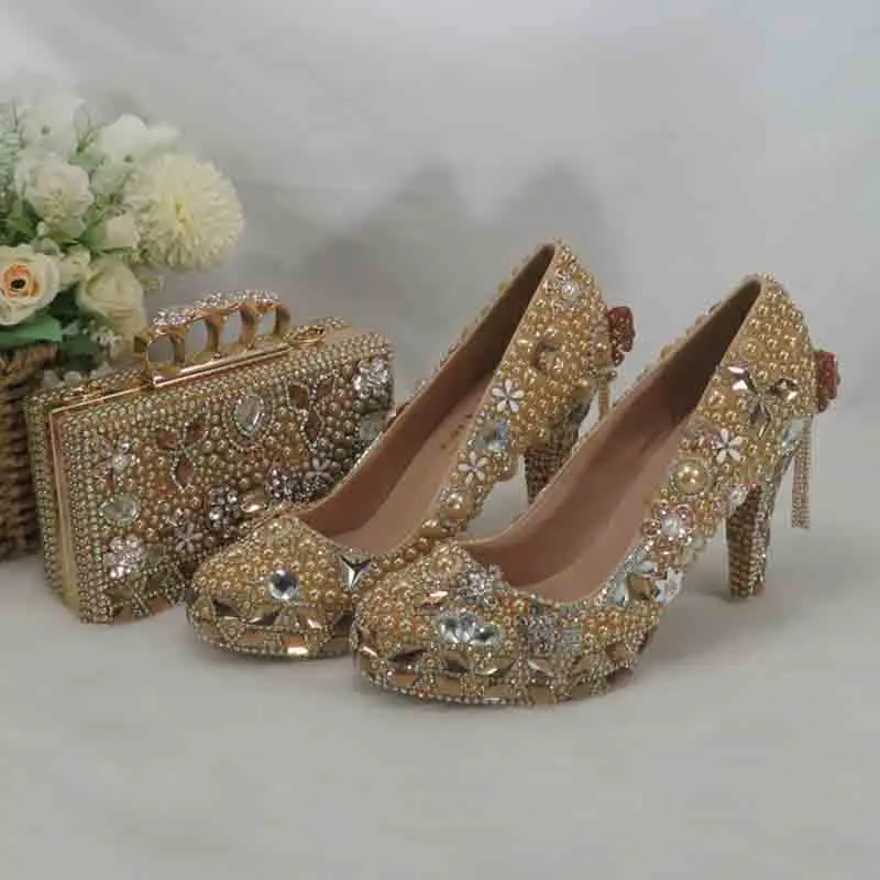 Luxury Champagne Crystal wedding shoes with matching bags woman fashion High heels Women party dress Open toe Platform shoes