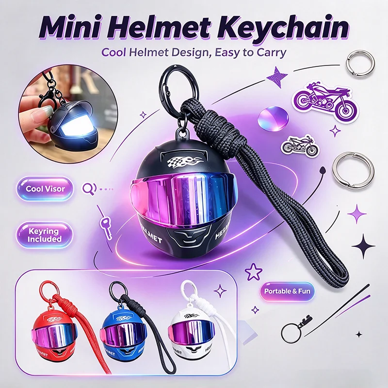 Mini Motorcycle Helmet Keychain LED Light Up Flip Visor Key Fob Cool Racing Helmet Bag Pendant Charm Creative for Fashion Gift