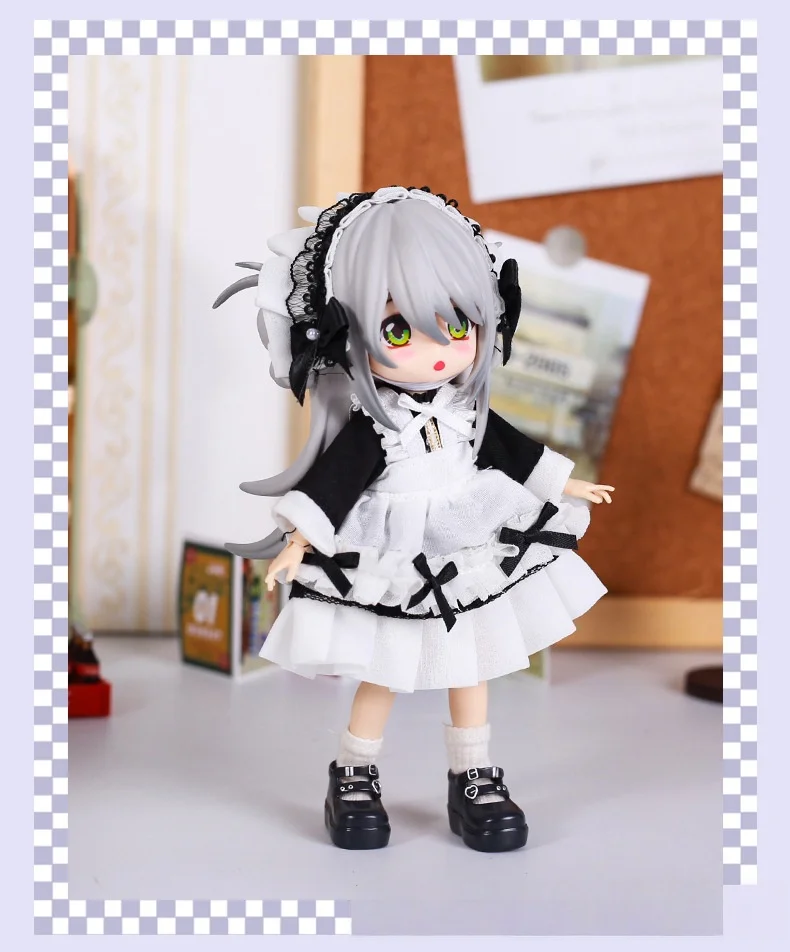 Obitsu 11 Clothes Gothic Lace Maid Tiered Apron Lolita Sweet Dress with Frill Bonnet Hairband Bow Decor Cafe Cosplay Doll Outfit