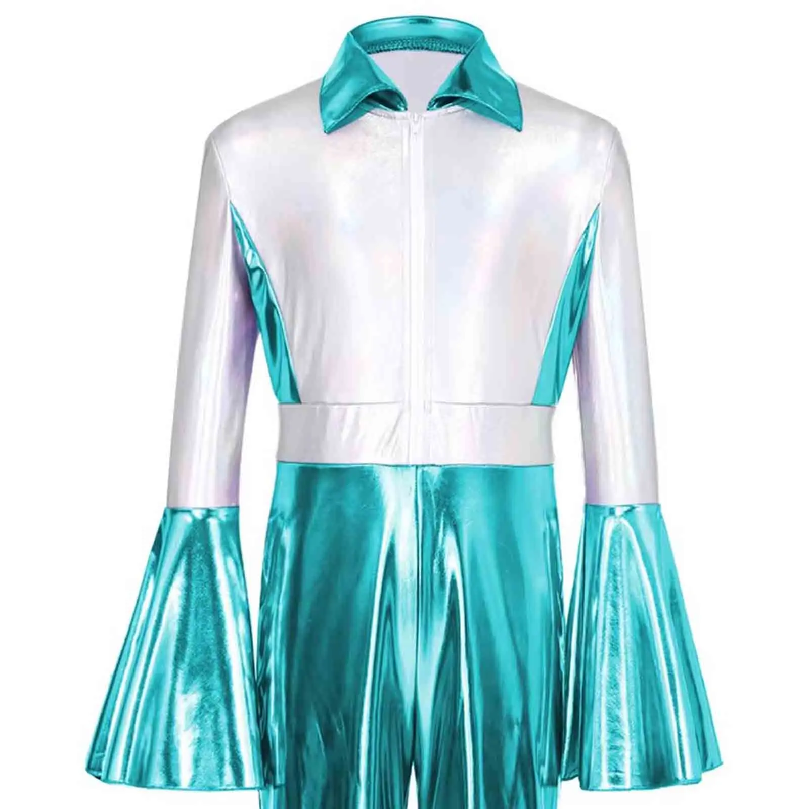 

Kids Girl Metallic 70s Disco Jazz Hippie Dance Performance Jumpsuit Long Sleeve Patchwork Bodysuits for Waltz Ballroom Dancewear