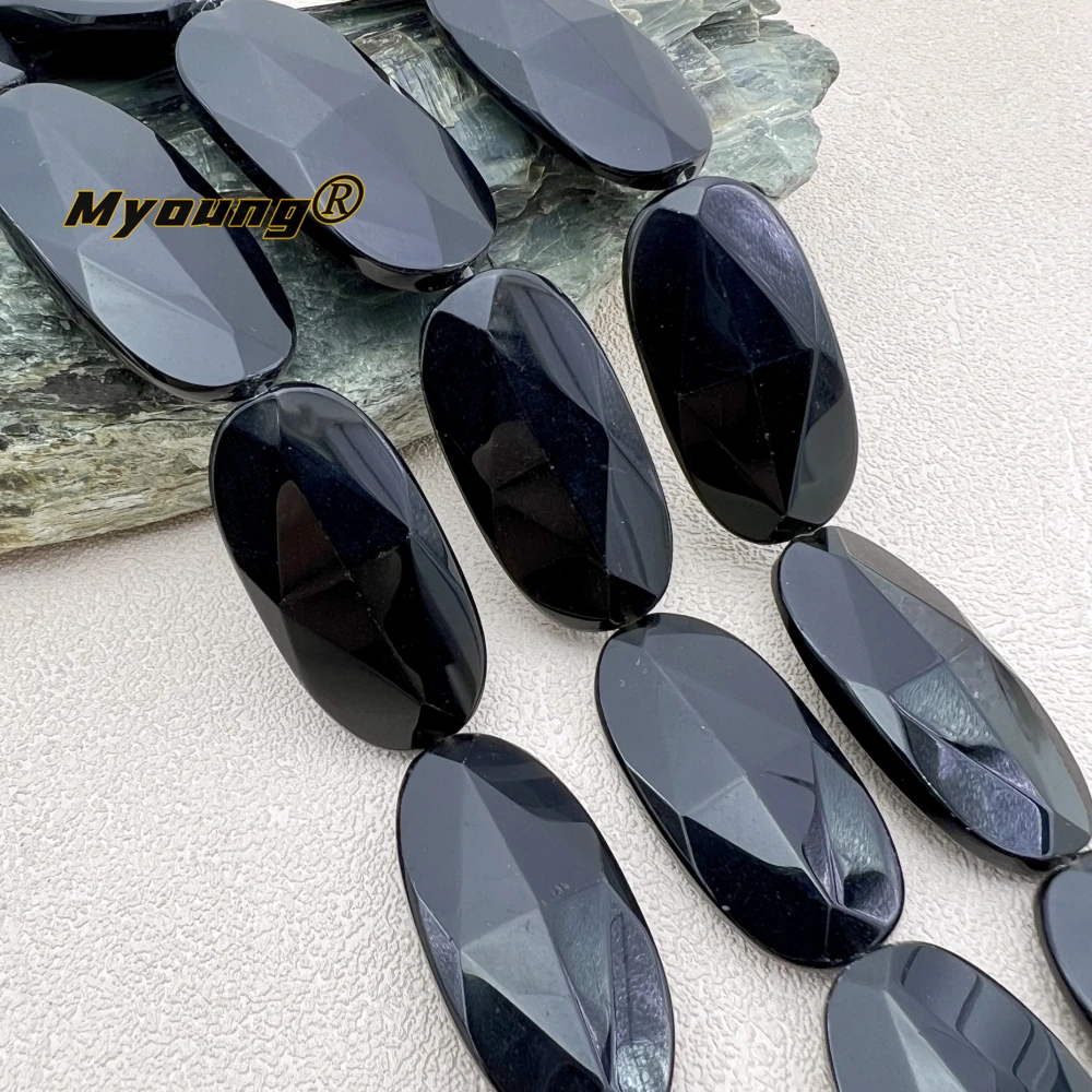 20x40MM 10PCS Large Faceted Oval Shape Natural Stone Black Obsidian Slice Focus Pendant Beads For DIY Necklace Jewelry Making