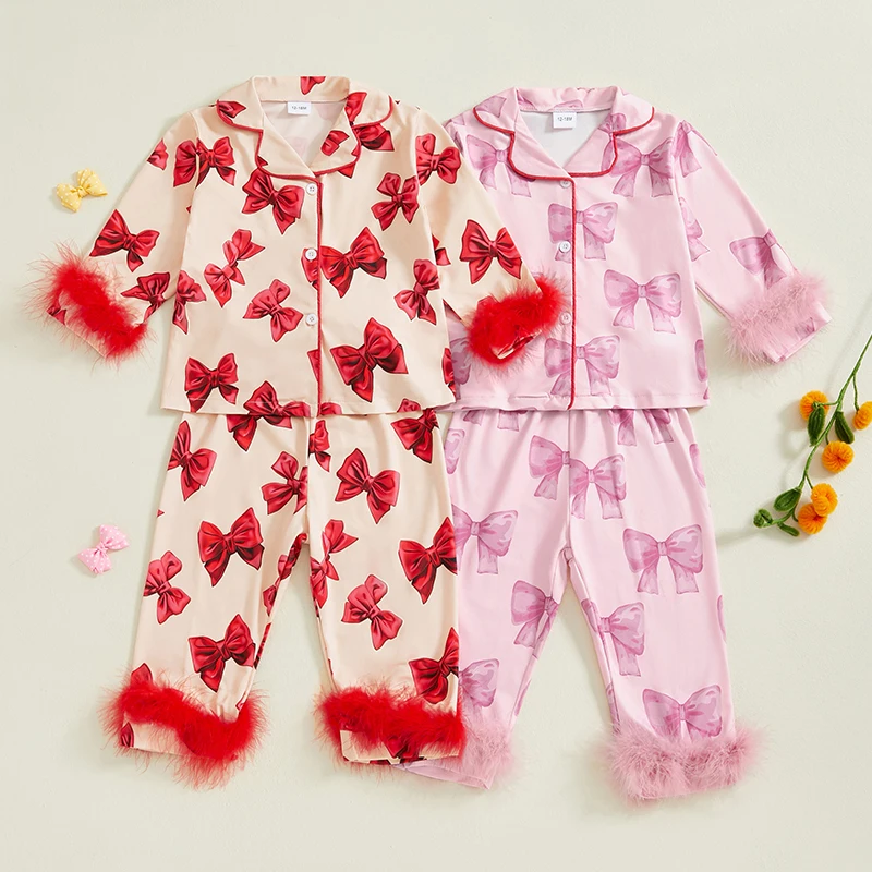 

2-7Years Kids Girl Bow Print Pajama Sets Fall Winter Long Sleeve Lapel Neck Button-up Tops and Long Pants Plush Trim Loungewear