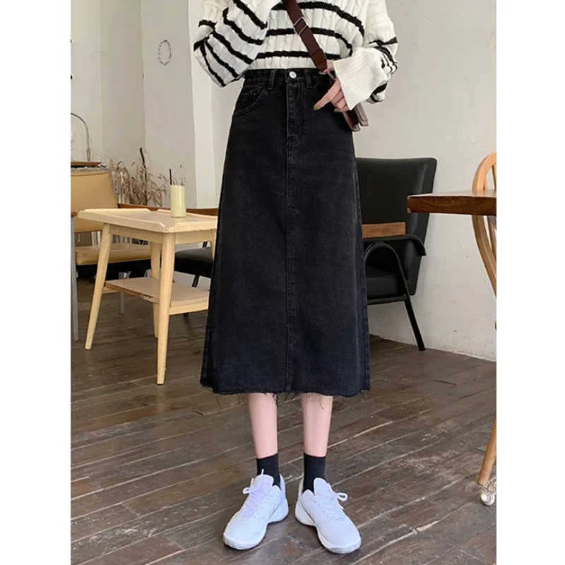 Korean Style Skirt Female Literary High Waist Retro Long Skirt Fashion Stretch New Design A Word Dress