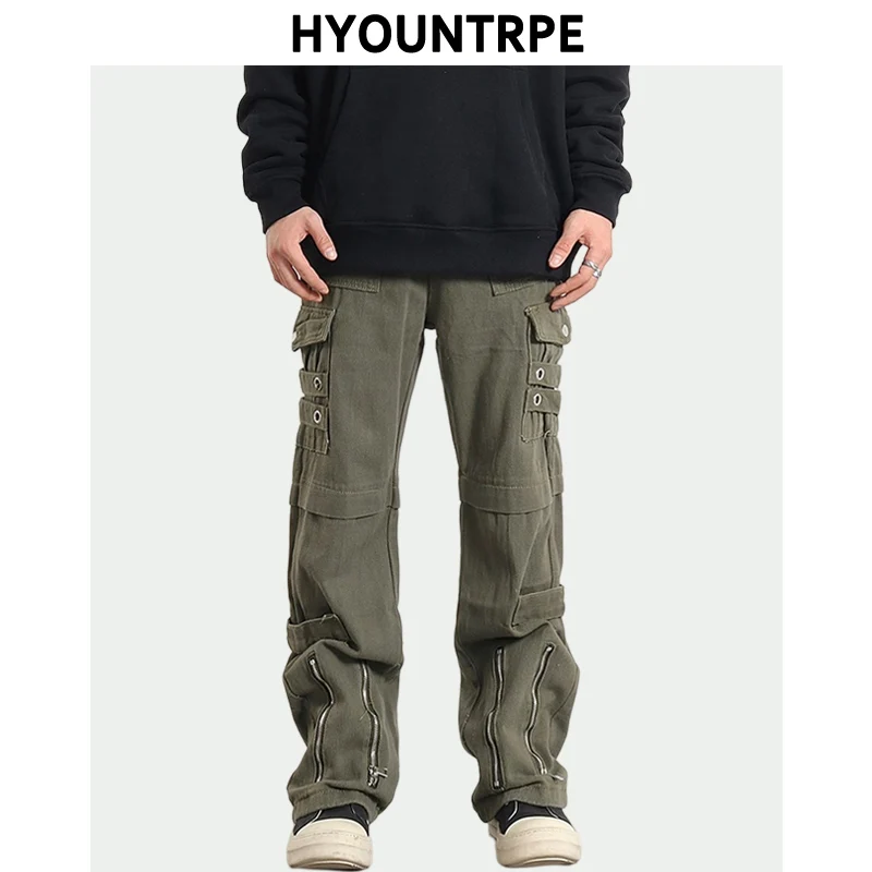 Hip Hip Pants Men Bottom Zipper Cargo Pants Streetwear Side Pockets Harajuku Joggers Unisex Baggy Loose Straight Cotton Trousers