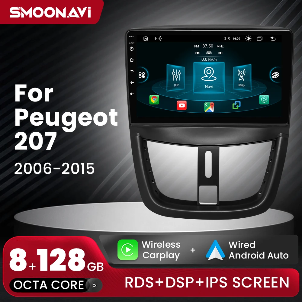 Lettore autoradio per Peugeot 207 207CC 2006-2015 Android 14 Multimedia Wireless Carplay Android Auto 8G + 128G 4G Wifi di navigazione