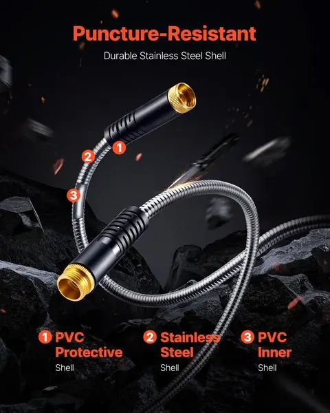 VEVOR Metal Garden Hose 100 ฟุต, สายยางน้ําสแตนเลสกันสนิม, สายยางหลังบ้านสําหรับงานหนักพร้อมหัวฉีด 10 ฟังก์ชั่น, No-Kink